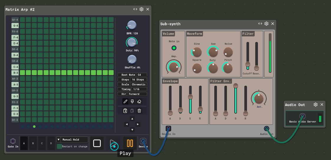 Wired patch: Matrix Arp → SubSynth → Audio Out